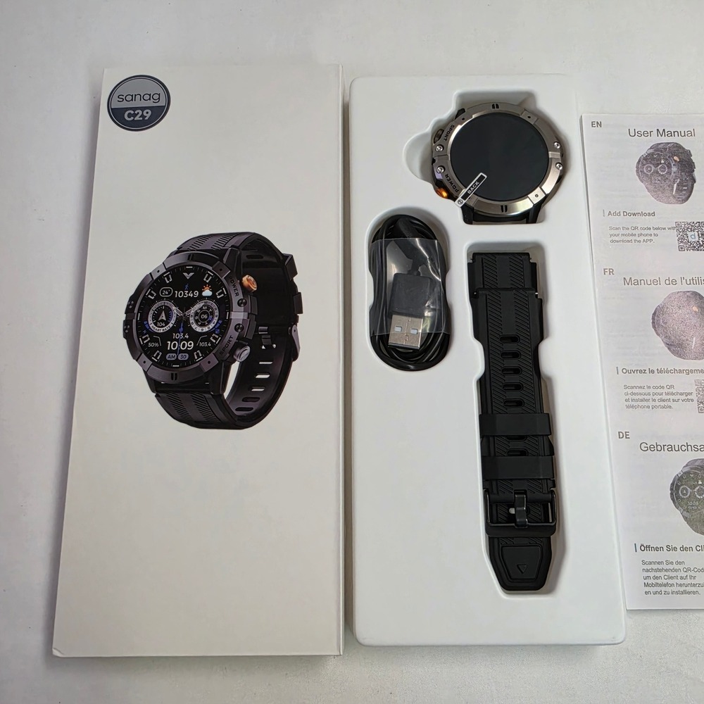 Sanag C29 Smart Watch Silver Black Rugged Sport Bluetooth Heart Rate Monitor